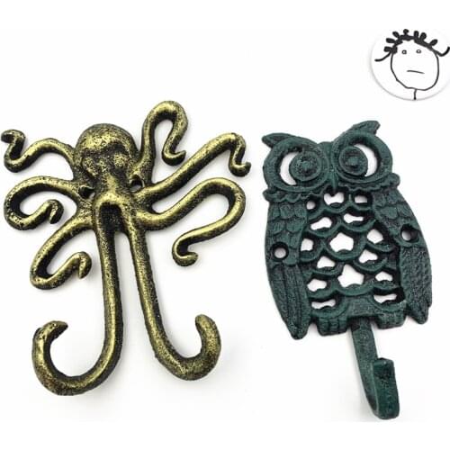 LCH Mediterranean Vintage Style Iron Art Octopus Owl Shaped Door Knob Pull Cloth hook Outdoor Hook Ancient Style Clothes Hook