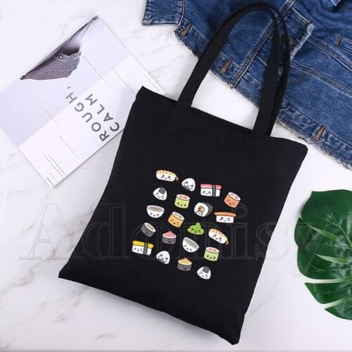 Sushi Print Reusable Shopping Bag Women Canvas Tote Bags Printing Eco Bag Cartoon Shopper Shoulder Bags Black