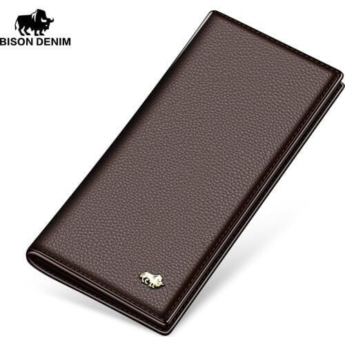BISON DENIM fashion men wallets genuine leather long slim wallet business men card holder purse wallet