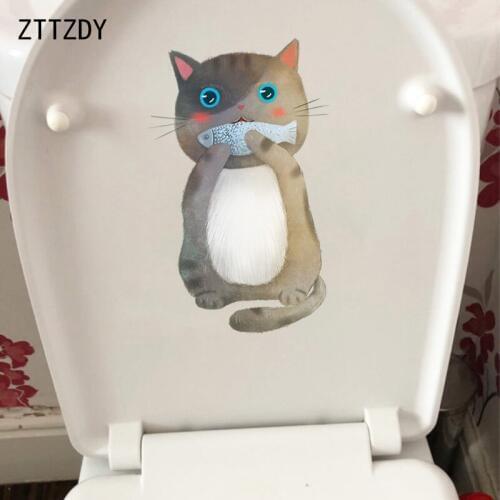 ZTTZDY 13.5*21.4CM Cats Eat Fish Home Room Wall Sticker Bathroom Toilet Decor Deccal T3-0036