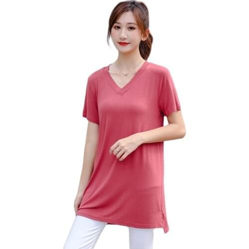 New Women Modal T-shirt Summer 2021 Fashion Casual V-Neck Short Sleeve Mid-Length Loose Tops Tee Plus Size