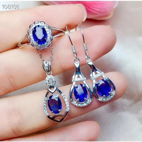 New style Blue sapphire/Red ruby gemstone jewelry set including ring earrings necklace with 925 silver