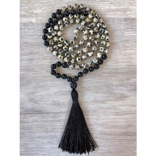 108 Mala Bead Necklace Matte Black Onyx Dalmation Spot Hand-Knotted Tassel Mens Prayer Yoga Meditation Semi-Precious Jewelry