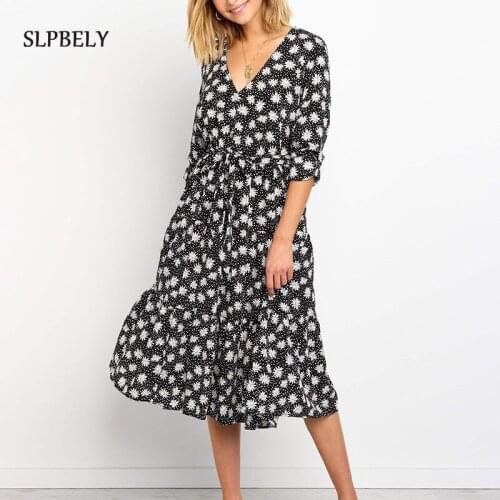 SLPBELY Women Dress Summer Chiffon Floral Printed Casual V-Neck Short Sleeved Dress Sexy Beach Dress Holiday Vestidos Clothing
