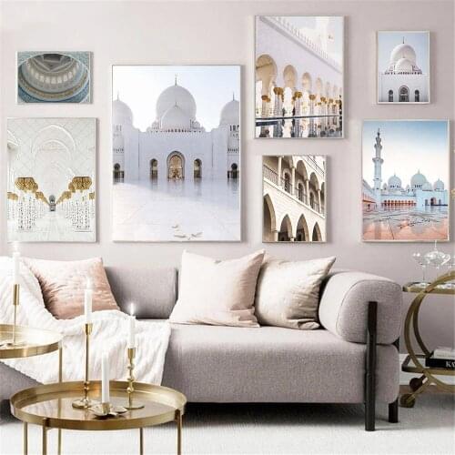 White And Gold Arch Moroccan Poster Mosque Building Canvas Painting Dome Islamic Wall Art Print Pictures Living Room Home Decor