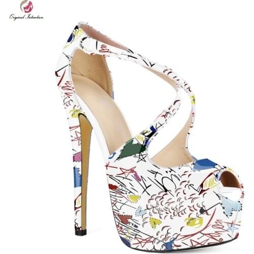 Women Sandals Thin High Heels Pumps Fashion Platform Graffiti Black White Peep Toe Stiletto Sandals Plus Size 34-46 Ladies Shoes