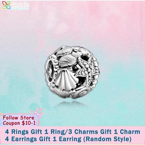 Smuxin 925 Sterling Silver Bead Openwork Starfish, Shells & Hearts Charms fit Original Pandora Bracelets Women Jewelry Girl Gift