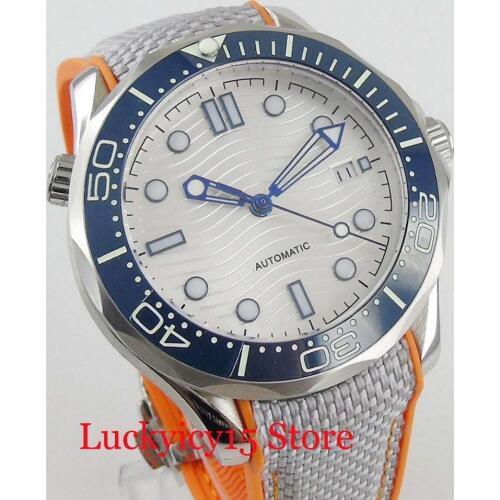 Top Brand White Mens Watch Automatic Movement Rubber Strap 41mm Time Watch Wave Dial