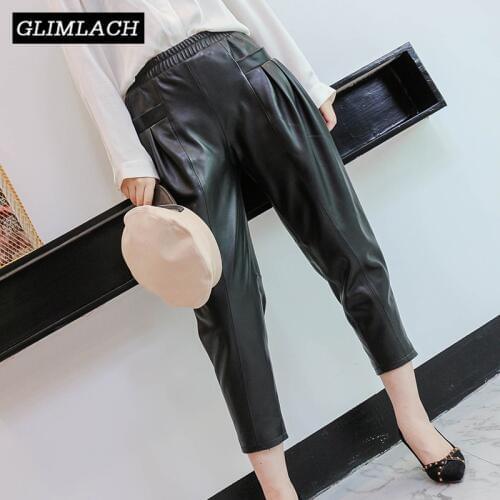 2019 Loose Harem Real Leather Pants Women Fashion Black Sheepskin Genuine Leather Ladies Ankle Length Trousers Female Streetwear