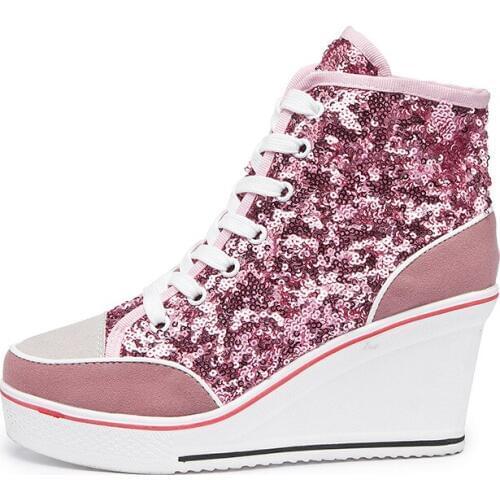 2019 new 8 cm heightening womens shoes wedge shoes sequins tie muffin bottom casual thick bottom high shoes