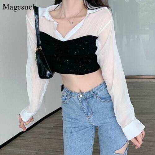 New Korean V Neck Short Sexy Ladies Top Mujer Patchwork Casual White Women Blouses Long Sleeve Shirts For Women Blusas 12386