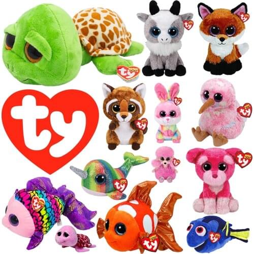 15CM Ty Beanie Big Eyes Tortoise Fish Whale Ocean Series Raccoon Rabbit Bird Goat Fox Dog Plush Doll Toy Children Birthday Gift