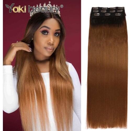 28Inch Long Straight Clip-in Hair Extensions Synthetic Clip In Hair Extension Black Roots Blond Brown Color Hair By YAKI BEAUTY