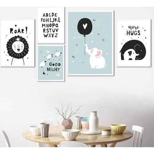 Abstract Elephant Lion Sheep Wall Art Poster Balloon Heart Moon Star Print Alphabet Number Quote Canvas Painting Baby Room Decor