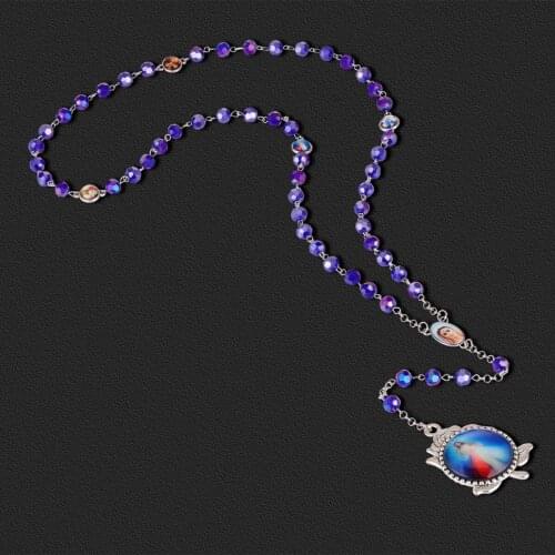 Rose Christ Jesus Pendant Catholic Paternosters Rosary Necklace Long Blue Glass Prayer Beads Chain Religious Communion Jewelry