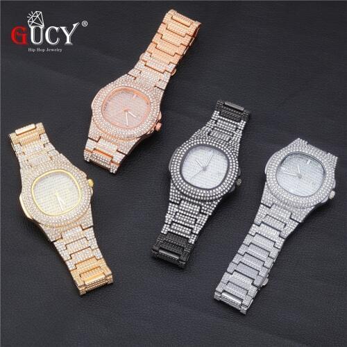 GUCY Brand Iced Out Diamond Watch Quartz Gold HIP HOP Watches With Micropave CZ Stainless Steel Watch Clock relogio