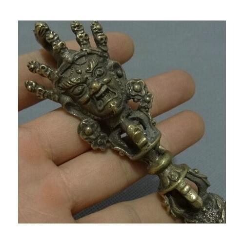 007171 Tibet Bronze Buddhism Mahakala Buddha Head Statue Vajra Phurba Dagger Holder