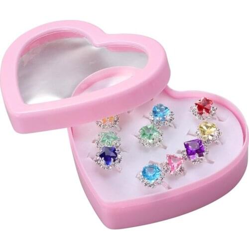 12pcs Child Ring Christmas Party New Year Gift With Heart-Shaped Box for Girl Kid Child Party Decor Accessories Dress up Rings