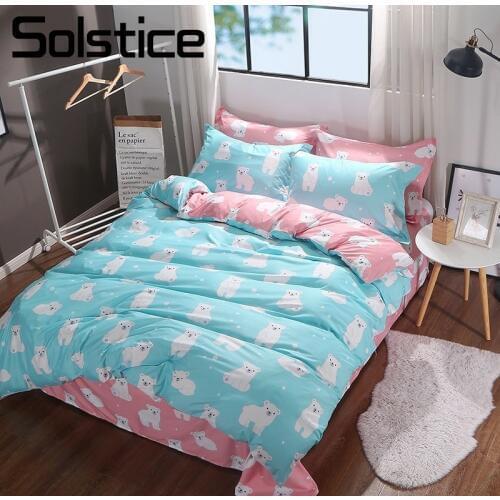 Solstice Home Textile 3/4Pcs Duvet Cover Pillowcase Flat Sheet Blue Pink Bear Bedding Set Girls Child Adult Bed Linen Bedclothes