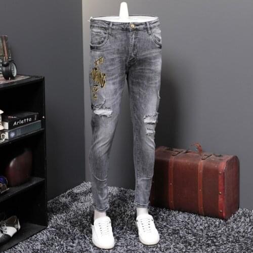 Personality New Brand Hole Ripped Printed Mens Full Length Pencil Jeans Slim Fit Punk High Streetwear Male Fashion Denim Pants