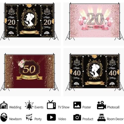Elegant Pink Black Gold 20th Birthday Celebration Backdrops Photo Background Decorations for Female Party Photography Prop