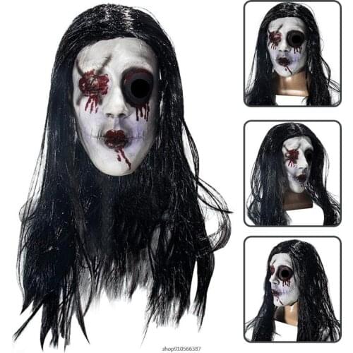 Halloween Horror Latex Mask Creepy Female Ghost Bloody Scar Scary Headgear with Wig Haunted House Prank Prop Masquerade Dropship