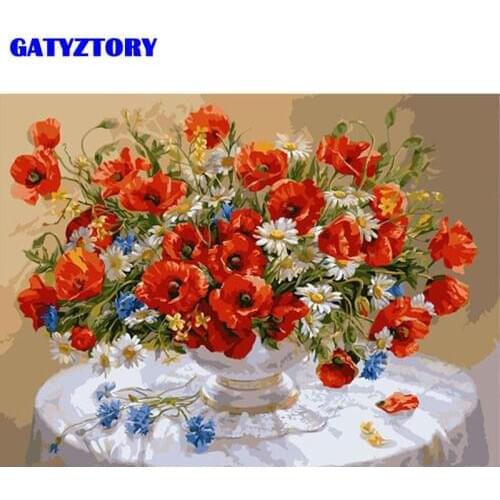 No Frame Red Colorful Flowers Diy Digital Painting By Numbers Kits Acrylic Picture Modern Wall Art Hand Painted Oil Painting