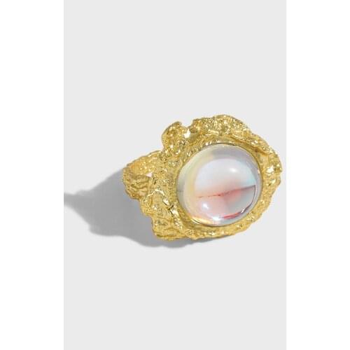 18K Gold Authentic S925 Sterling Silver FINE Jewelry Irregular Surface Moonstone Round ring adjust C-312-2