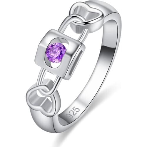 Lingmei New Comes Love Heart & Lock Round Design Purple White CZ Silver Color Ring Size 6-9 Romantic Women Jewelry Wholesale