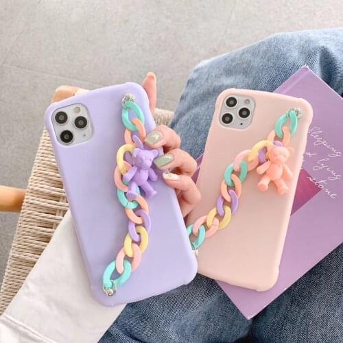 Lovely Chain Carton Bear Phone Case for Iphone 11 Pro Max 7 8plus Xr Xs Max X Solid Color Wristband Soft Tpu Silicone Back Cover