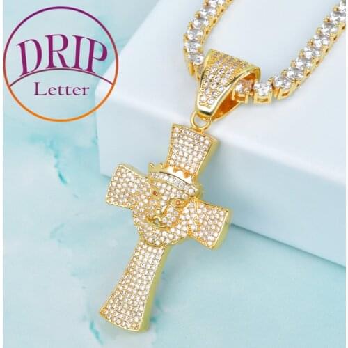 Lion Head Crown Cross Pendant Charm Gold Color Cubic Zircon Mens Hip Hop Necklace Rock Jewelry
