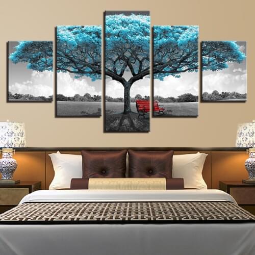 Wall Art Canvas Pictures Modular Poster 5 Pieces Abstract Blue Tree Red Chair Scenery Paintings HD Print Frame Decor Modern Room