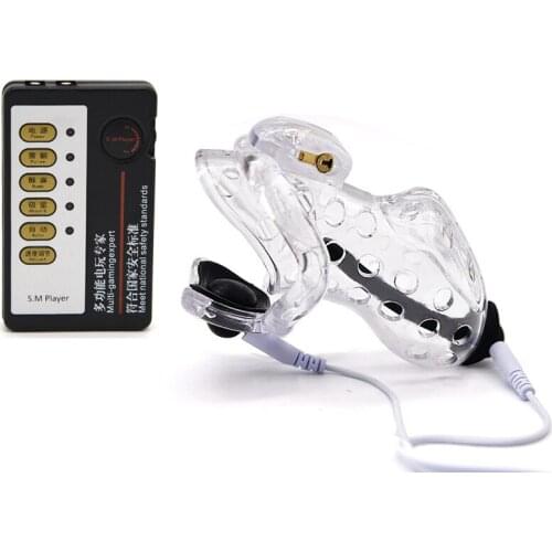 Newest Venting Hole Design Electric Shock Male Chastity Device With 4 Penis Rings,Electro Cock Cage,BDSM Lock Sex Toys For Men