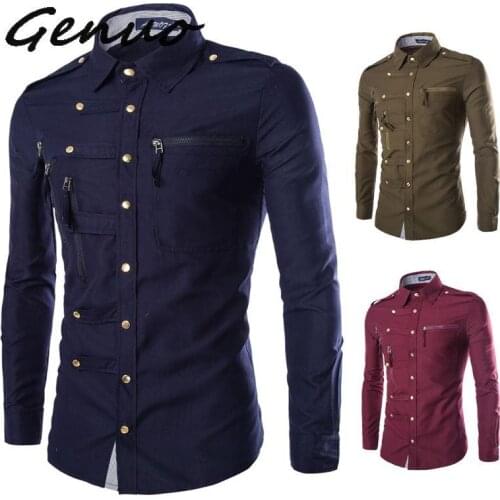 New Arrival Spring/Autumn Men Long Sleeve Cargo Shirt Casual Slim Fit Fashion Epaulet Double Pocket Mens Dress Shirt M L XL XXL