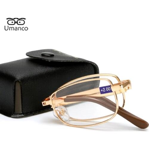 Umanco Metallic Reading Glasses For Old People Women Men Square Foldable Frame Computer Newspaper Eyeglasses Parents Gift Gold