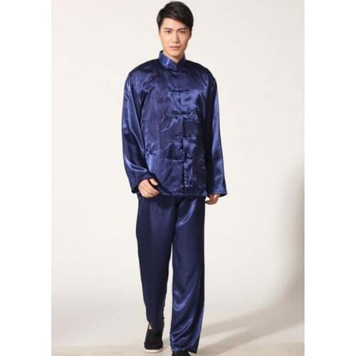 Free Shipping Chinese Style Men Silk Kung Fu Suit Pajamas Male Satin Embroidery Dragon Tang Suits Jacket Pants Sets Size M-XXL