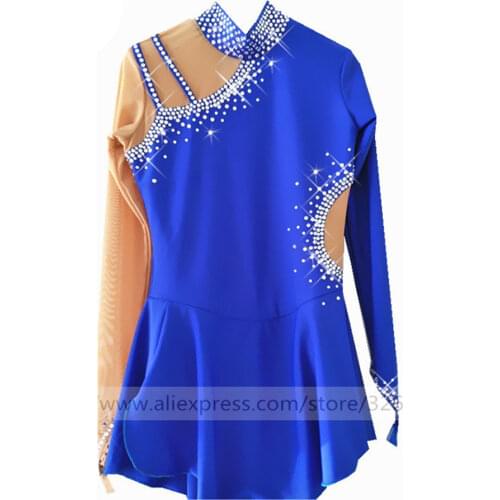 Figure Skating Dress Womens Girls' Ice Skating Dress Blue collar long sleeve Strap High-stretch spandex fabricHot hand drilling