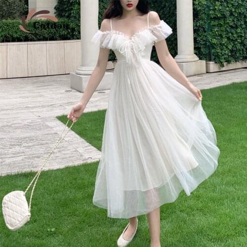 Cotday Beach Sweet Fairy Princesses Ruffles Ball Gown Lace V-neck Spaghetti Stap Mesh Chiffon Fashion Summer White Women Dress