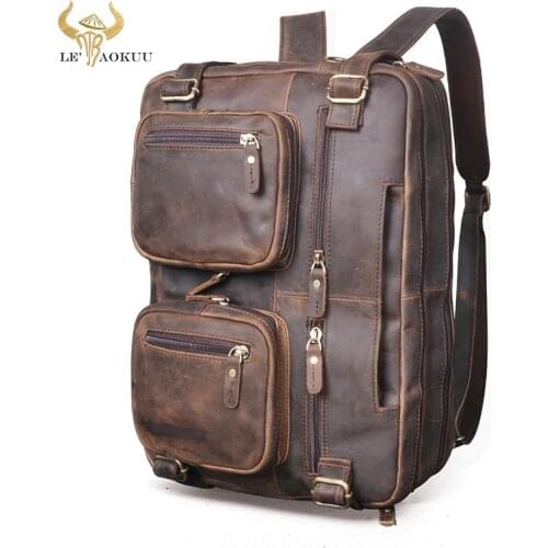 Thick Crazy Horse Leather Men Designer Large briefcase 15.6" laptop Document Business Attache Portfolio Bag Backpack Male 9912