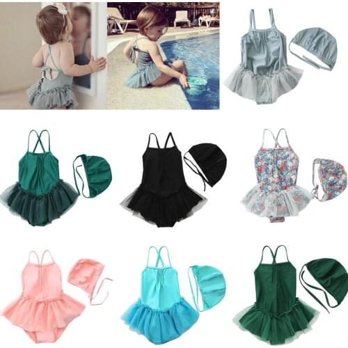 Kids Girls Swimsuit Set, Backless Sleeveless Tulle Dress Bodysuit and Cap Two-Piece Suit for Vacation Swimming Beach 3-8Y