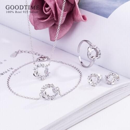 Luxury Pure 925 Sterling Silver Jewelry Set Zircon Flower Necklace Earrings Ring Bracelet Set For Woman Bride Wedding Party