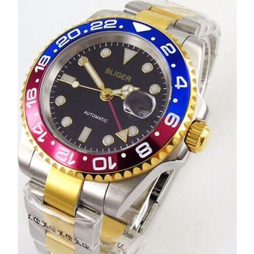 Luxury Gift BLIGER 40MM Big Dial Mens Watch Blue Red Rotating Bezel GMT Function Sapphire Luminous Automatic Movement watch
