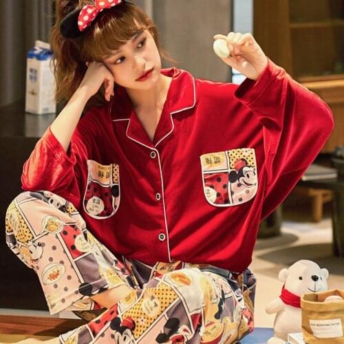Net Red Models Casual Cartoon Mickey Gold Velvet Pajamas Suit Womens Lapel Double Pocket Home Service Ladies Can Wear Pyjama