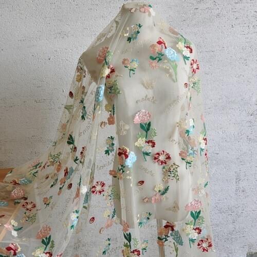 Blue mesh embroidery lace fabric, exquisite colored flowers, water soluble wedding dress skirt accessories fabric