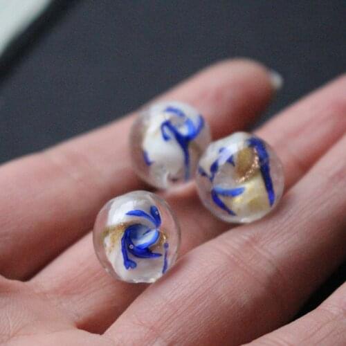 10pcs/lot 12mm 14mm Lampwork Glass Beads With Cobalt Blue Gold rotation for earring necklace making