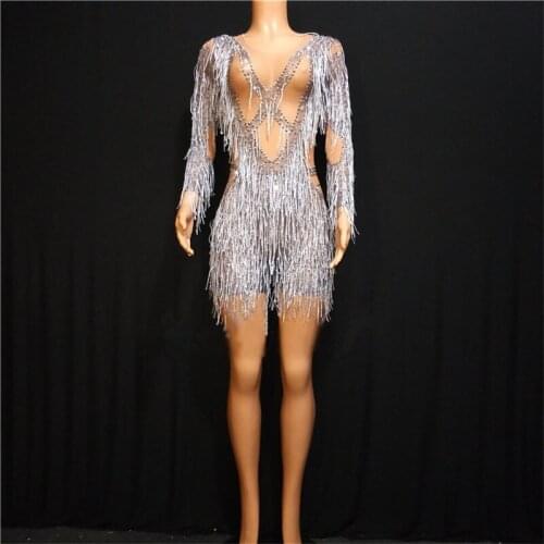 Y52 Female sexy Perspective mesh bodysuit silver long sleeve jumpsuit Siamese shorts rhinestone outfits dance costume diamonds