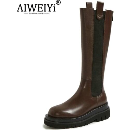 AIWEIYi Women Genuine Leather Boots Handmade Round Toe Autumn Winter Fashion Casual Shoes Ladies Platform Boots