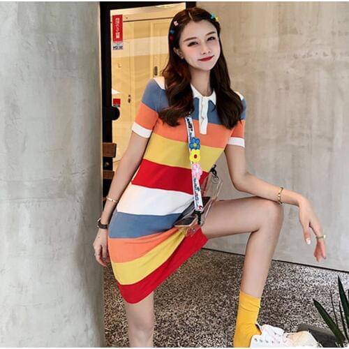 Women Summer Dress 2020 Lolita Rainbow Striped Turn Down Collar Short Sleeve Side Slit Bodycon Knit Fringe Dress vestido D241