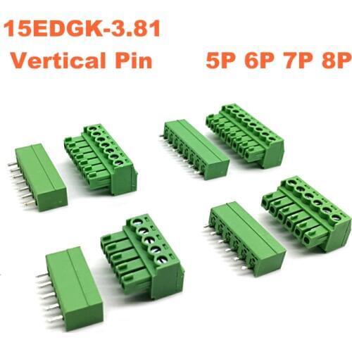 100pcs Pitch 3.81mm Screw Plug-in PCB Terminal Block Pluggable Connector 15EDGK VC 5P 6P 7P 8P Vertical Pin Male/Female