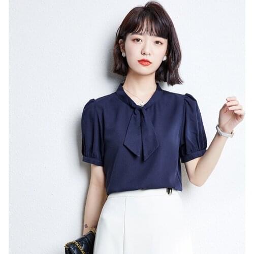 Blouses Women Short Sleeve Shirt Fashion Bowknot Pure Color Pullover Chiffon Womens Shirt